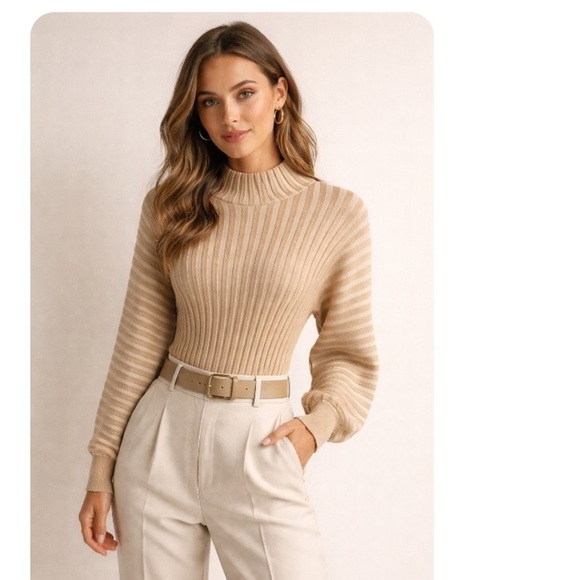 Free People Sweaters - Free People Mad chill mock neck ribbed knit sweater balloon sleeves medium NWT